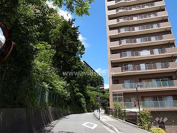 敷地南西側の前面道路。急勾配の坂道です。