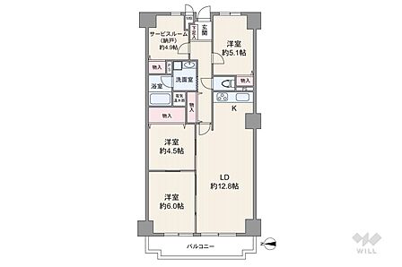 間取り図。7階建て4階部分、西向きのため通風良好です!81.7?の3SLDKのお部屋です。