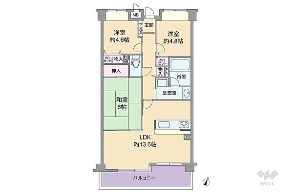 間取りは専有面積63.91平米の3LDK。横長リビングのプラン。バルコニー面積は8.92平米です。