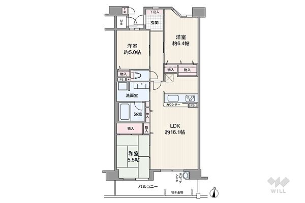 間取り図。5階建て5階部分、南向きのため眺望・通風良好です！75.8?の3LDKのお部屋です。