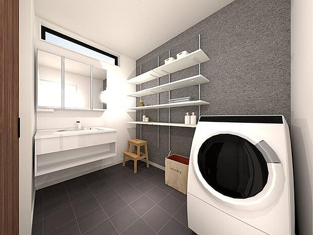 内観パース■可動棚付きの洗面室は、タオルや衣類、買い置きした洗剤などスッキリ収納できます。