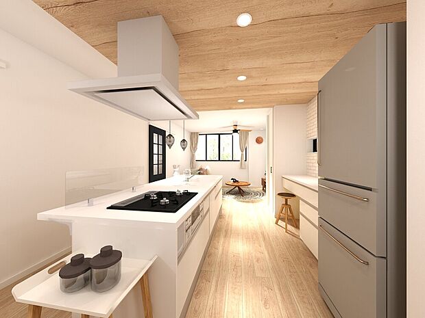 内観パース■折り下げ天井と白いアイランドキッチンがおしゃれで機能的な空間に。