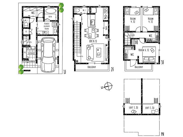 建築プラン■ウォークインCLを3ヶ所に設けた、収納力のあるお家です！3階にはロフトもあり、広々お使い頂けます！II型キッチンでお料理もしやすく、大きいパントリーもあるのでお家の中がスッキリ♪