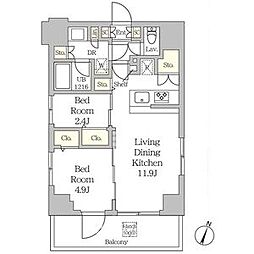 都営浅草線 人形町駅 徒歩3分の賃貸マンション 9階2LDKの間取り