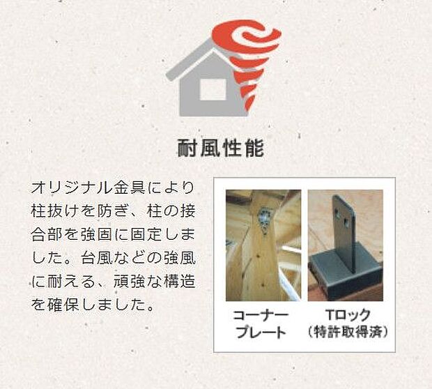 耐風性能：オリジナル金具により柱抜けを防ぎ、柱の接合部を強固に固定しました。台風などの強風に耐える頑強な構造を確保。