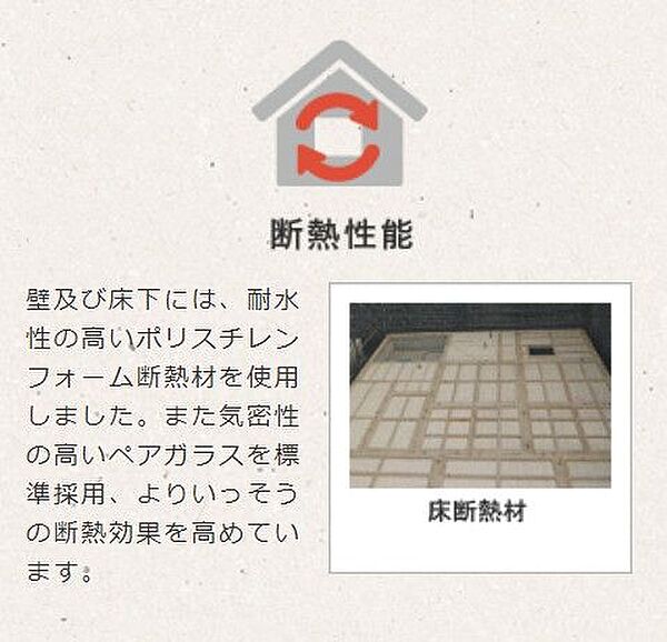 断熱性能：壁及び床下には、耐水性の高いポリスチレンフォーム断熱材を使用。