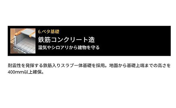 ベタ基礎：湿気やシロアリから建物を守る！耐震性を発揮する鉄筋入りスラブ一体基礎を採用。地面から基礎上端までの高さを400mm以上確保。