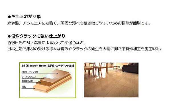 特殊加工を加えたフローリングは劣化や退色に強く、水や頑固な汚れもふき取りやすくお掃除が簡単です