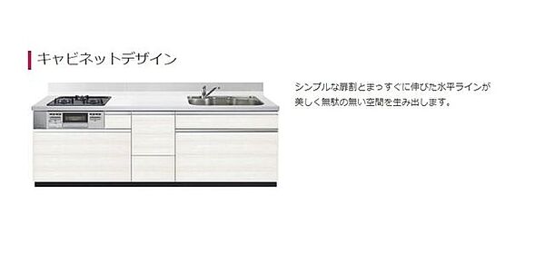 キャビネットデザイン：シンプルな扉割とまっすぐに伸びた水平ラインが美しく無駄の無い空間を生み出します。