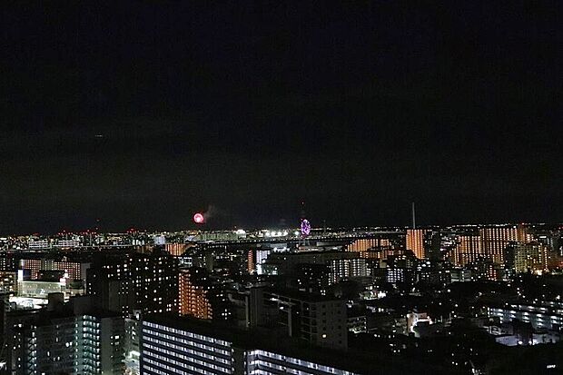 26階南東側バルコニーからの眺望。花火や東京ゲートブリッジまで望める開放感のある景色が広がります。