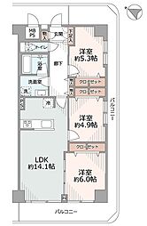 汐浜サンハイツ1号棟 3LDKの間取図画像