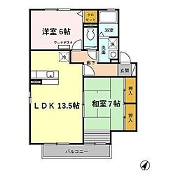 サン カルチェあいおいD 2階2LDKの間取り