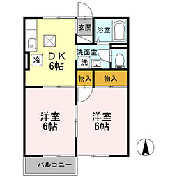 クレールシャトー吉田B 2DKの間取図画像