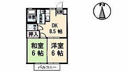 ヴィレッジ高島　Ａ棟 2階2DKの間取り