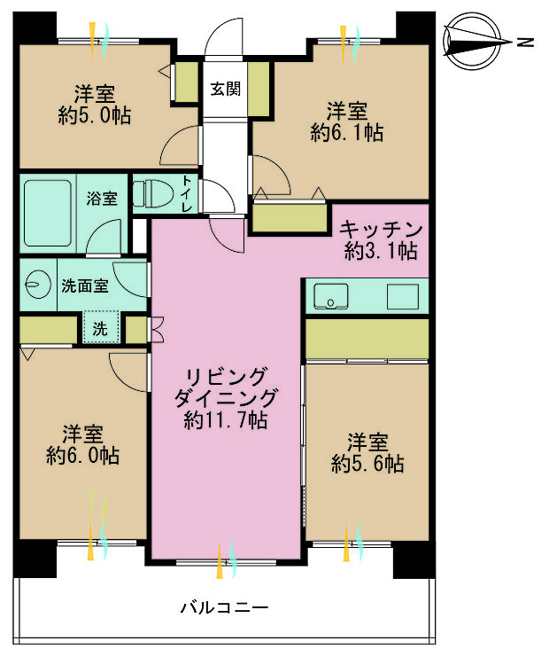 4LDK、専有面積77.49m2、バルコニー面積13.38m2