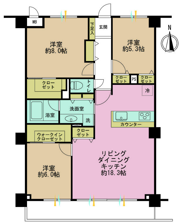 3LDK、専有面積85.8m2、バルコニー面積9.72m2