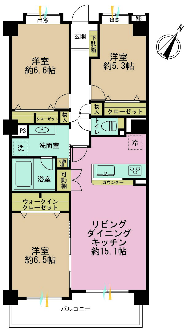 3LDK、専有面積72.62m2、バルコニー面積8.02m2