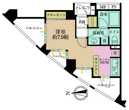 専有面積28.41m2、バルコニー面積11.16m2