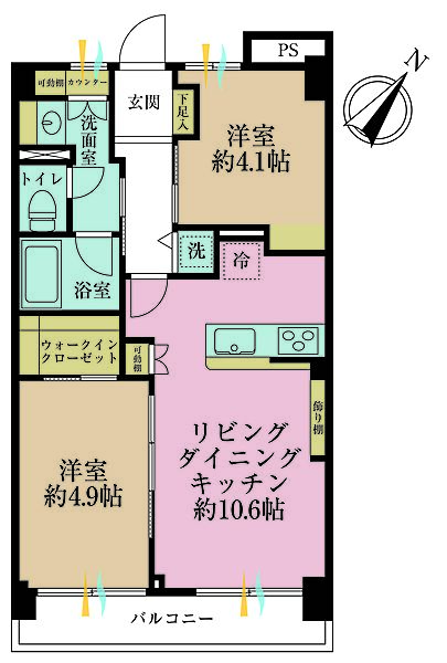 2LDK、専有面積48.6m2、バルコニー面積5.4m2