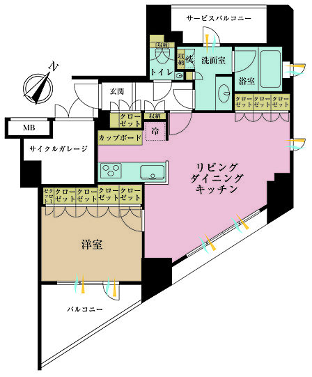 1LDK、専有面積61.32m2、バルコニー面積6.09m2