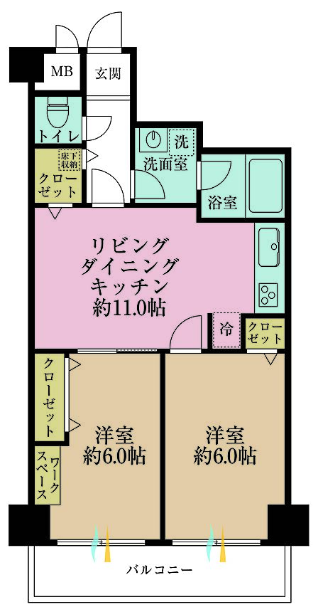 2LDK、専有面積55.05m2