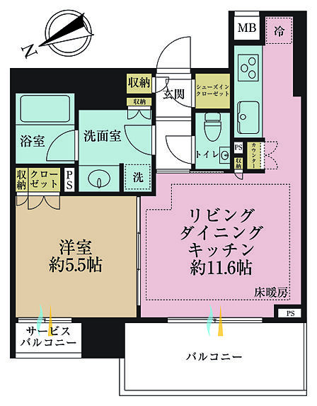 1LDK、専有面積41.88m2、バルコニー面積6.88m2