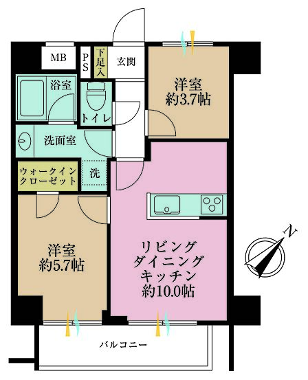 2LDK、専有面積45.22m2、バルコニー面積5.64m2