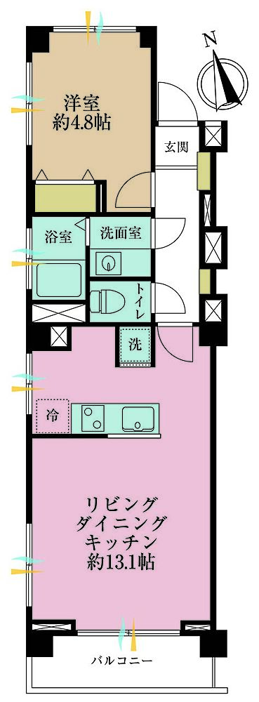 1LDK、専有面積37.05m2、バルコニー面積4.32m2
