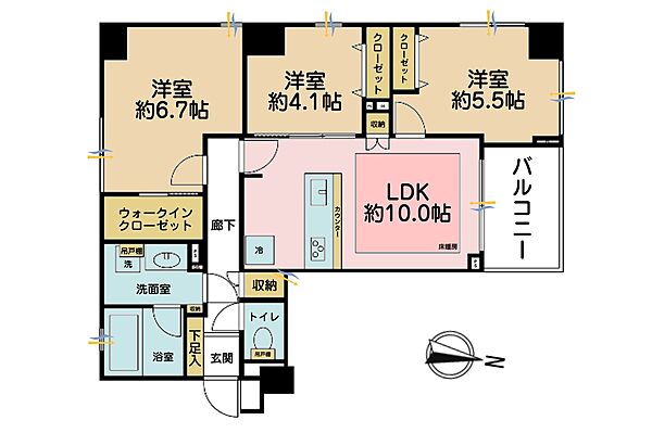 3LDK+S（納戸）、専有面積63.14m2、バルコニー面積4.71m2