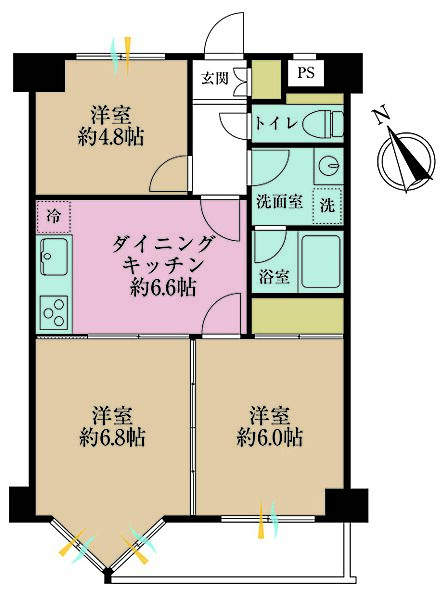 3DK、専有面積52.15?、バルコニー面積3.96?