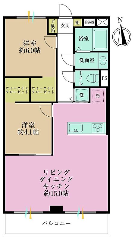 2LDK、専有面積56.44?、バルコニー面積6.48?