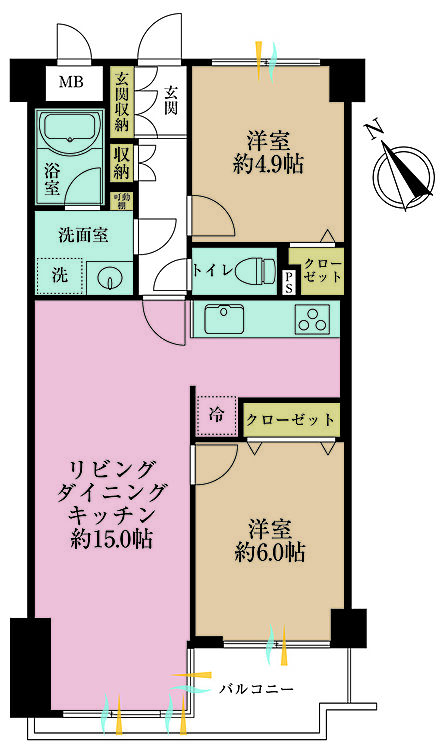 2LDK、専有面積58.02?、バルコニー面積4.97?