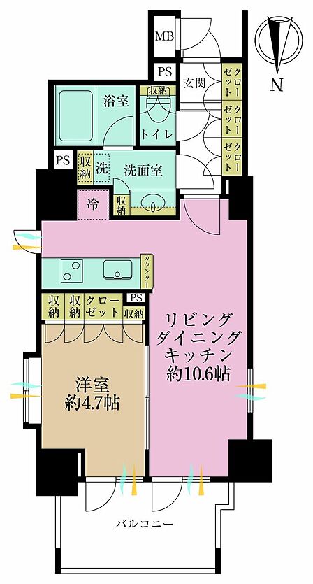 1LDK、専有面積38.15?、バルコニー面積6.4?