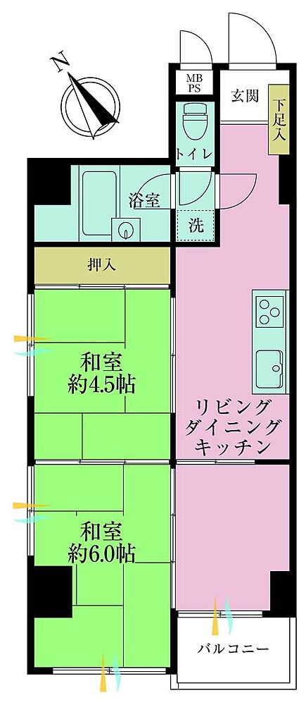 2LDK、専有面積44.47?、バルコニー面積2.42?