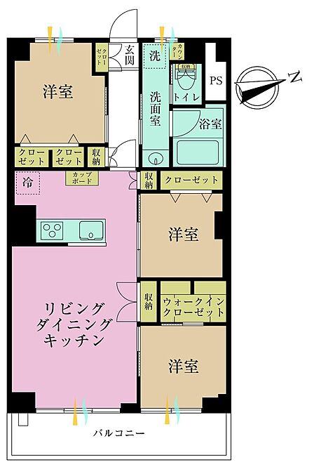 3LDK、専有面積64.67?、バルコニー面積7.54?