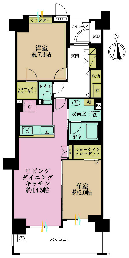 2LDK、専有面積65.43?、バルコニー面積9.95?