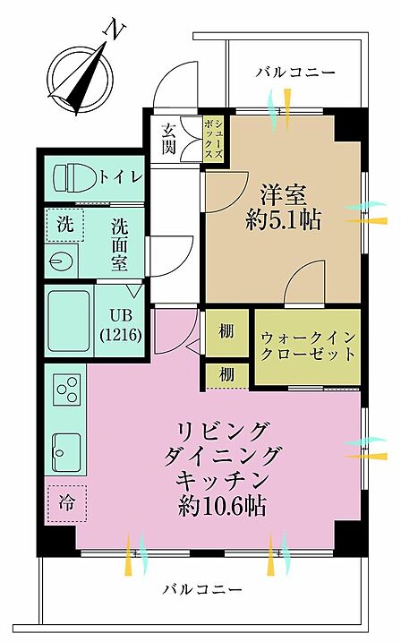 1LDK、専有面積40.86?、バルコニー面積10.24?