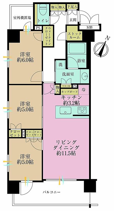 3LDK、専有面積72.39?、バルコニー面積9.75?