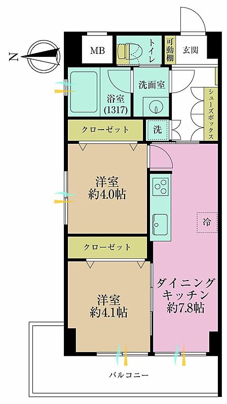 2DK、専有面積42.53?、バルコニー面積6.12?