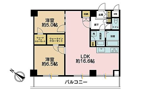 2LDK、専有面積60.86m2、バルコニー面積9.05m2