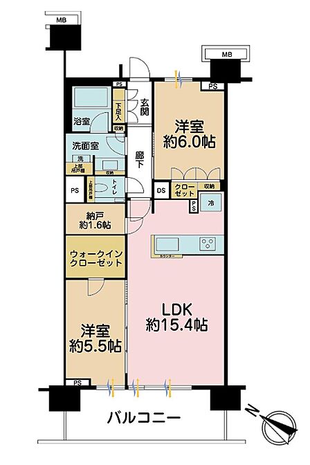 2LDK、専有面積65.81?、バルコニー面積11.67?
