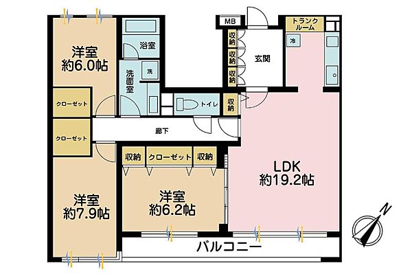 3LDK、専有面積100?、バルコニー面積10.98?