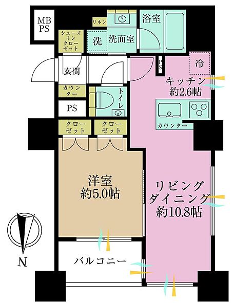 1LDK、専有面積42.4?、バルコニー面積4.2?