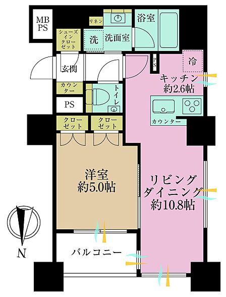 1LDK、専有面積42.4?、バルコニー面積4.2?