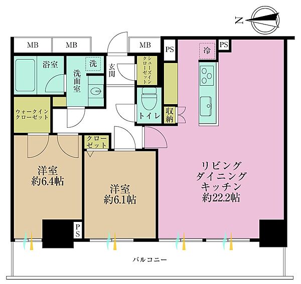 2LDK、専有面積76.66?、バルコニー面積15.6?