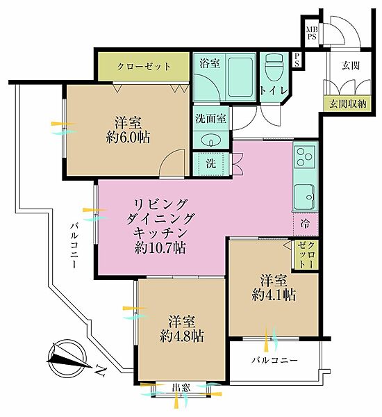 3LDK、専有面積57.62?、バルコニー面積14.85?