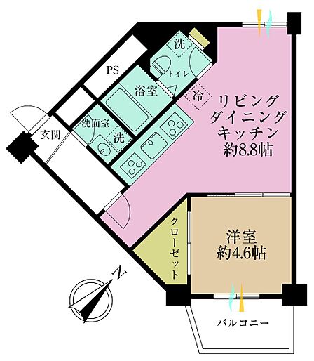 1DK、専有面積42.8?、バルコニー面積4.08?