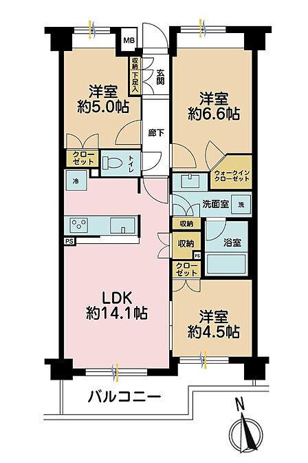 3LDK、専有面積66.12?、バルコニー面積8.2?