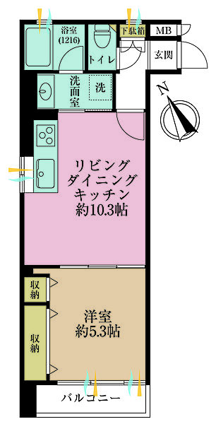 1LDK、専有面積37.38?、バルコニー面積3.96?