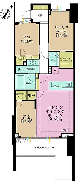 2LDK+S専有面積81.3?、バルコニー面積16.48?